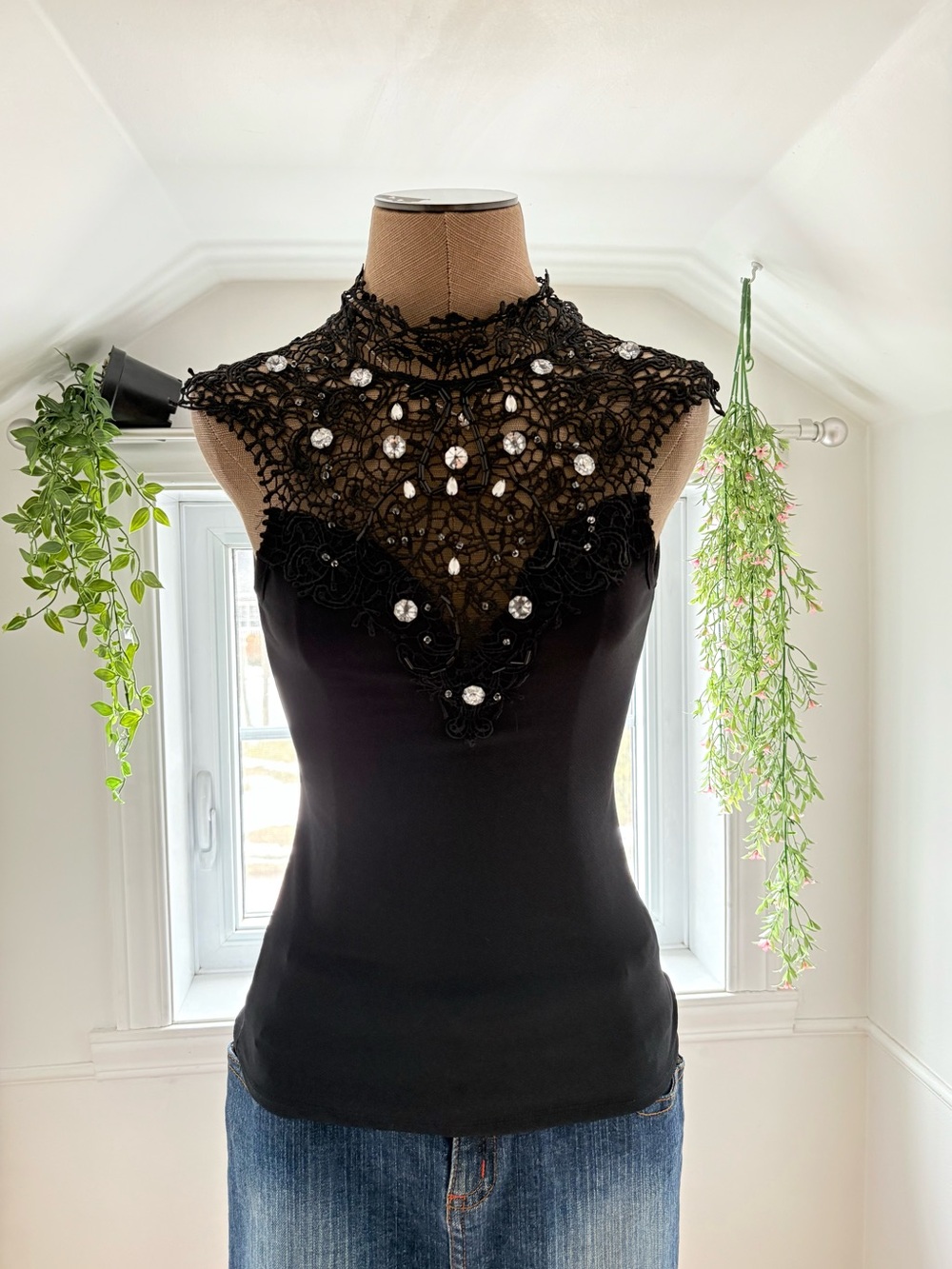 Black Lace Jewel-Embellished Sleeveless Blouse